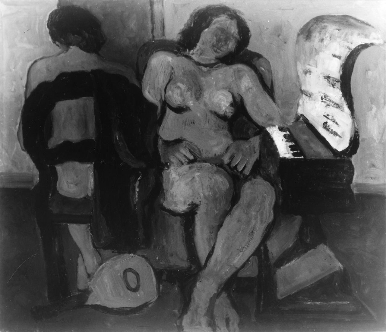 Nudi seduti e strumenti musicali/ Danzatrici addormentate, donne sedute con strumenti musicali (dipinto) di Santomaso Giuseppe (sec. XX)