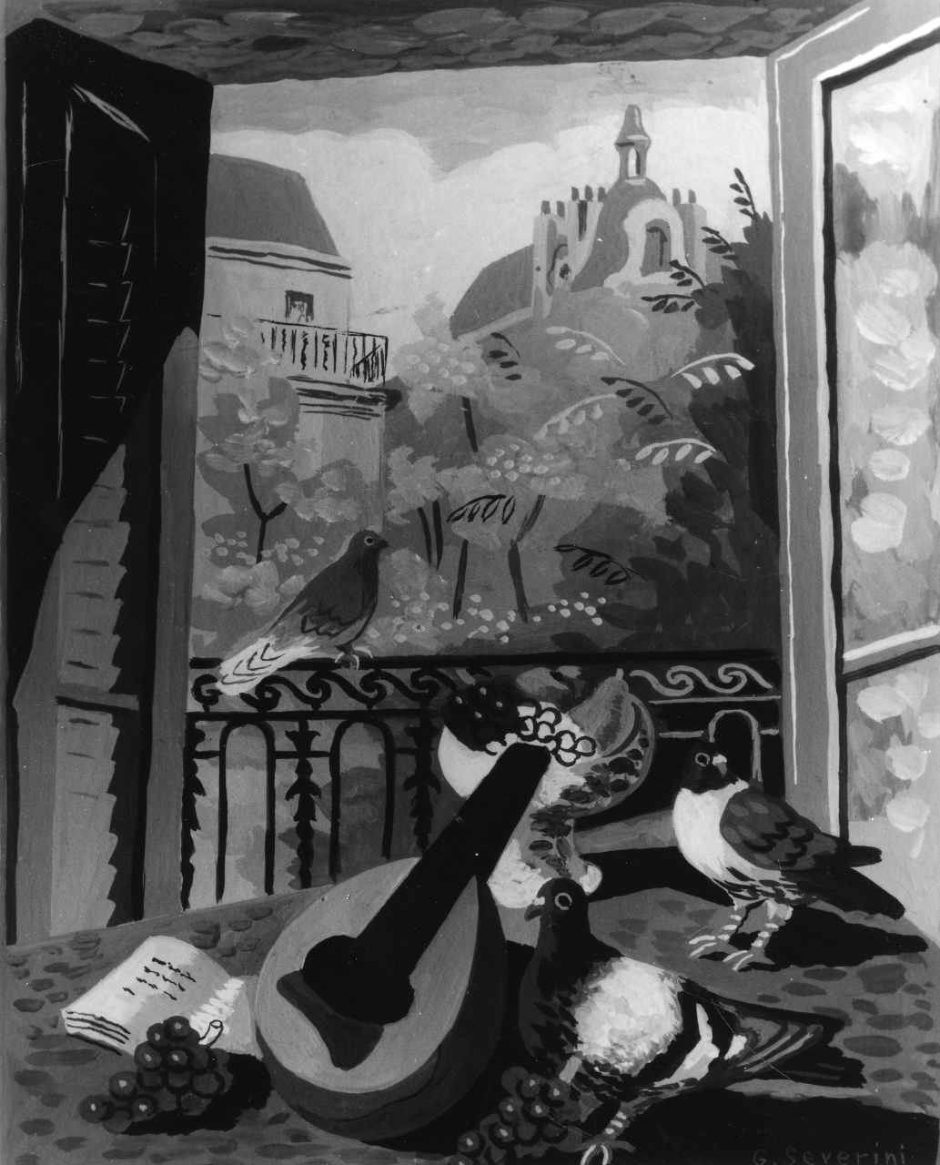 La finestra coi colombi/ Il balcone, natura morta con veduta di Parigi (dipinto) di Severini Gino (sec. XX)
