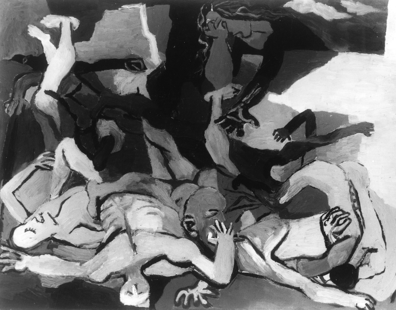 Il massacro, cadaveri e donna piangente (dipinto) di Guttuso Renato (sec. XX)