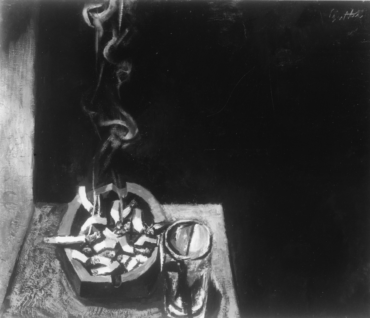 Portacenere, natura morta con portacenere e sigarette (dipinto) di Guttuso Renato (sec. XX)