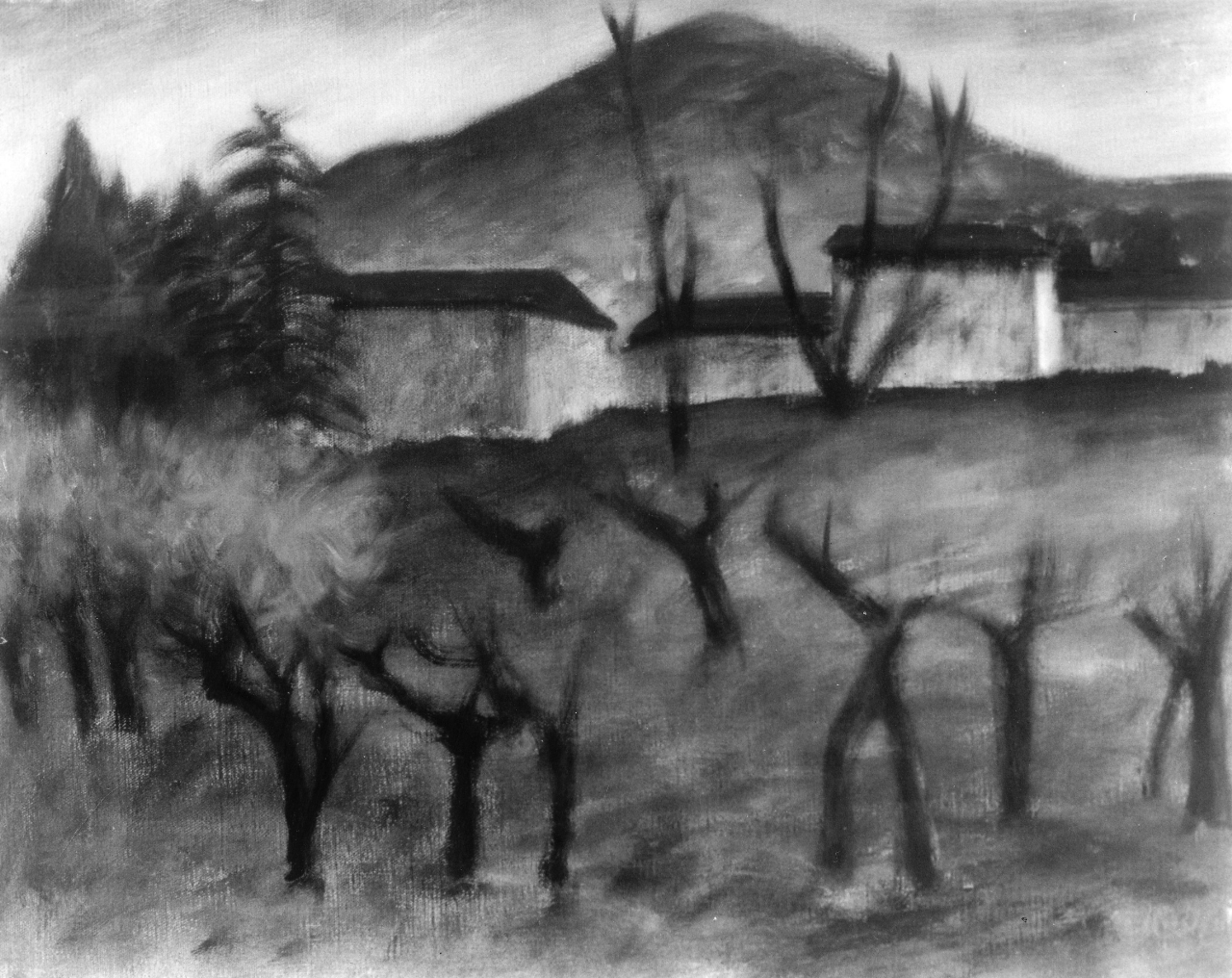 Casa dietro ai campi, paesaggio campestre (dipinto) di Rosai Ottone (sec. XX)