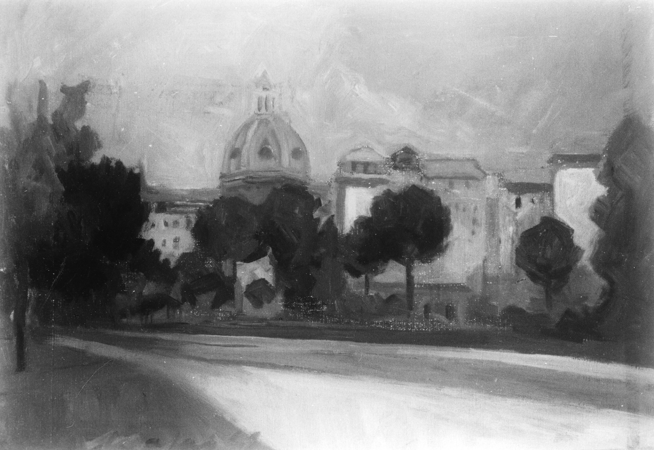 paesaggio di Roma con pini e cupola, veduta di Roma (dipinto) di Mafai Mario (sec. XX)