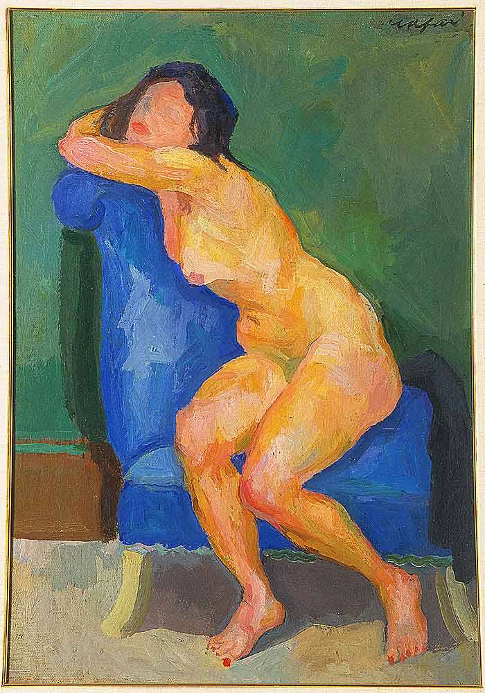 Nudo sulla poltrona bleu, figura femminile seduta (dipinto) di Mafai Mario (sec. XX)