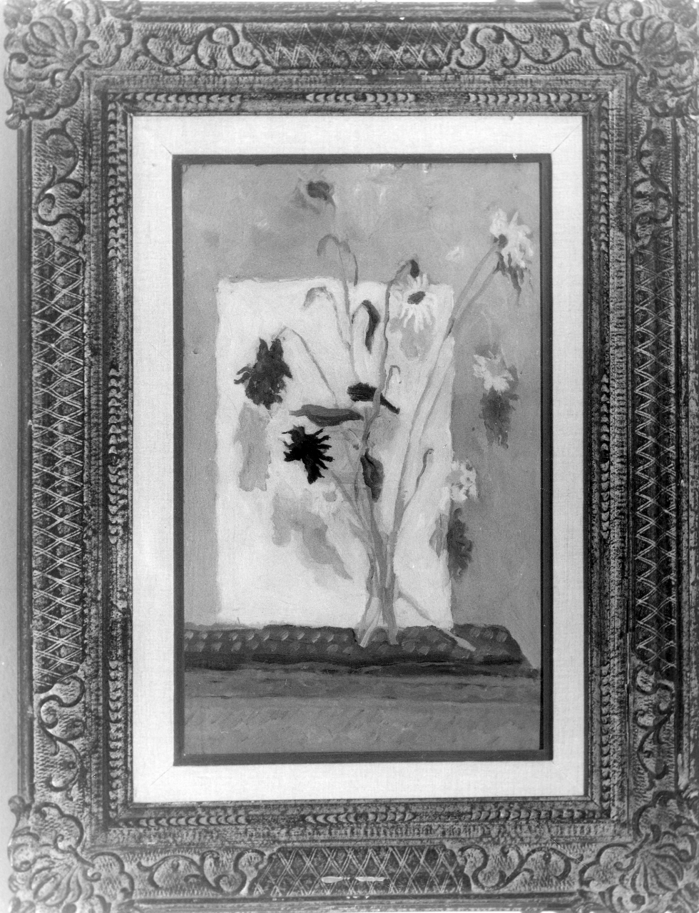 Fiori secchi su foglio bianco/ Fiori appassiti, natura morta con fiori (dipinto) di Mafai Mario (sec. XX)