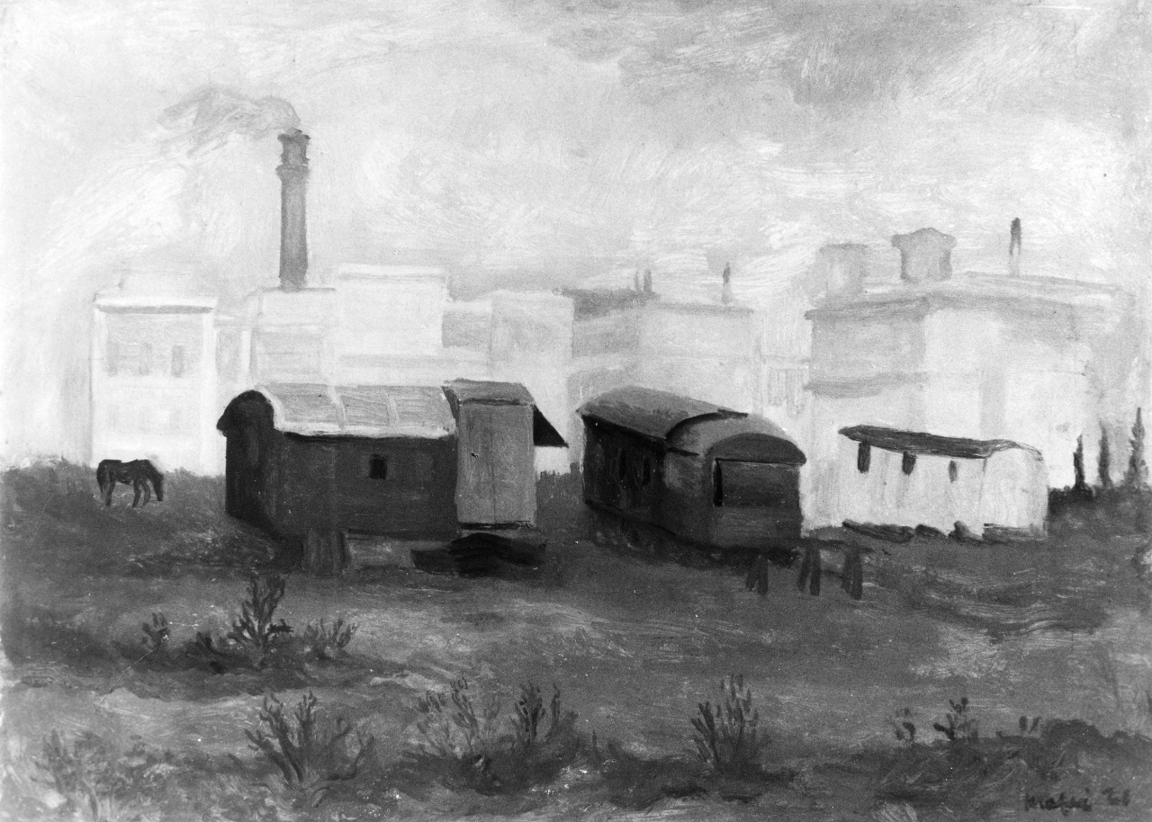 Carrozzoni in periferia/ Baracconi abbandonati, veduta di Roma (dipinto) di Mafai Mario (sec. XX)