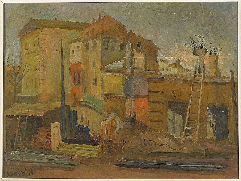 Demolizioni, veduta di città con case demolite (dipinto) di Mafai Mario (sec. XX)