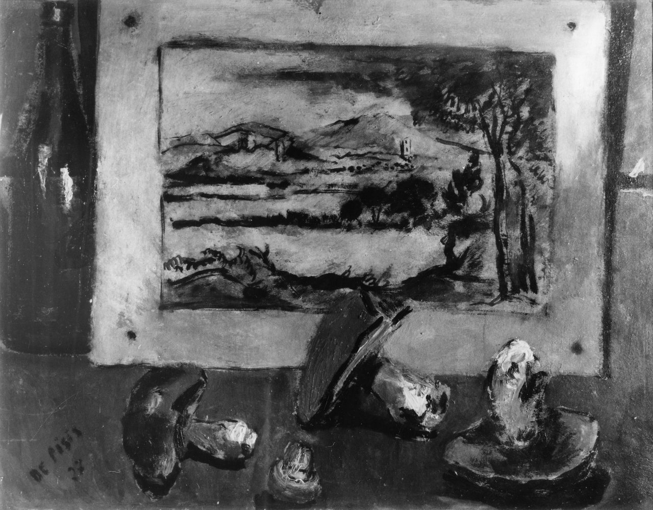 Funghi con stampa di Poussin, natura morta con funghi e stampa antica (dipinto) di De Pisis Filippo (sec. XX)