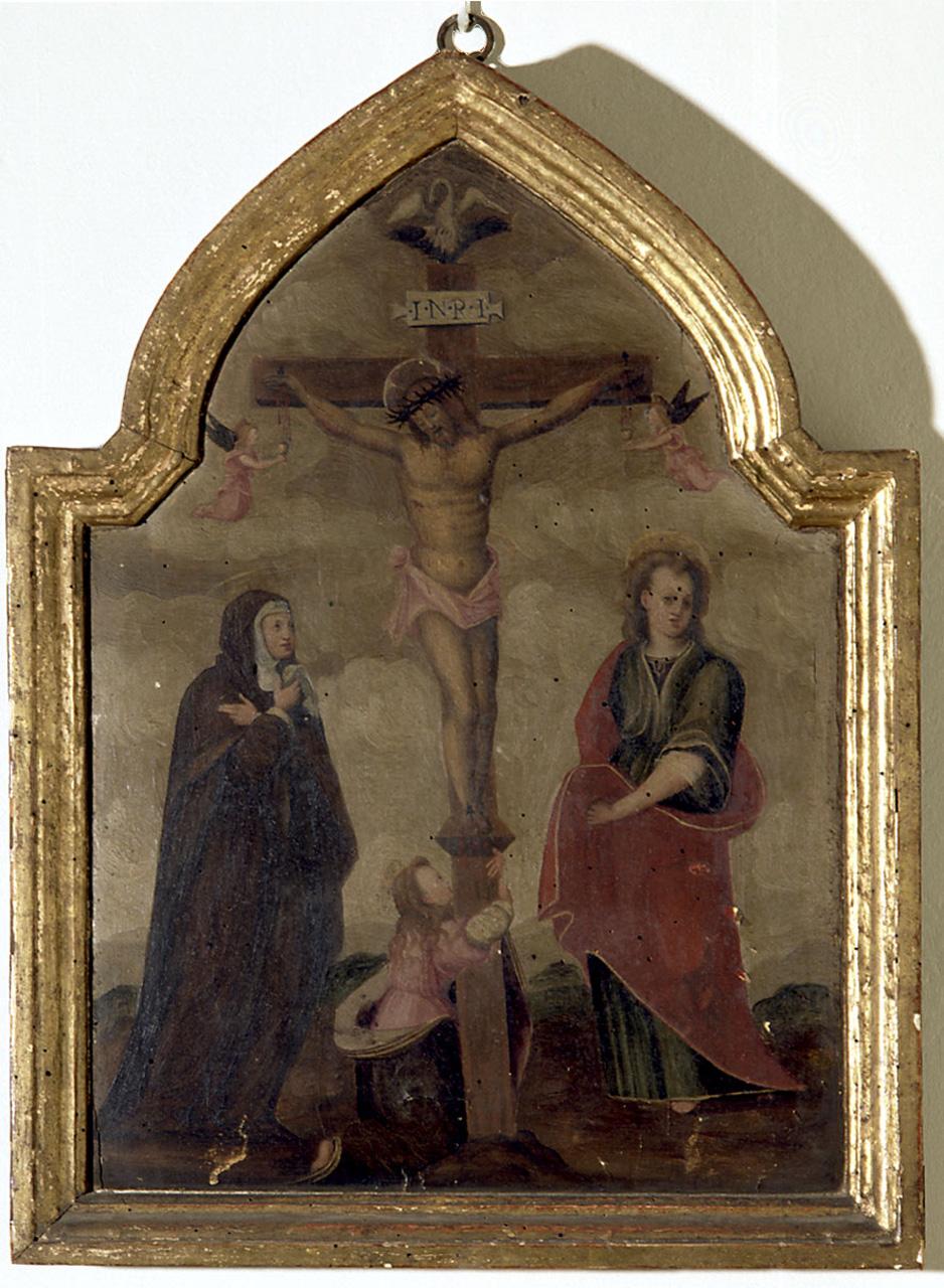 Cristo crocifisso con la Madonna, Santa Maria Maddalena, San Giovanni Evangelista (dipinto) - ambito toscano (sec. XVI)