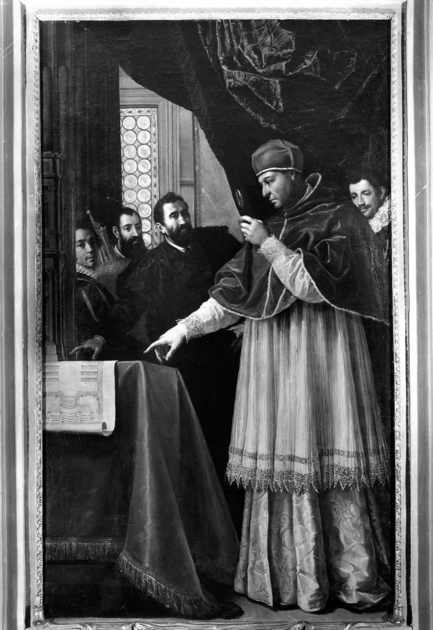 Michelangelo presenta a Leone X i disegni e il modello per la facciata di San Lorenzo (dipinto) di Chimenti Jacopo detto Empoli (primo quarto sec. XVII)