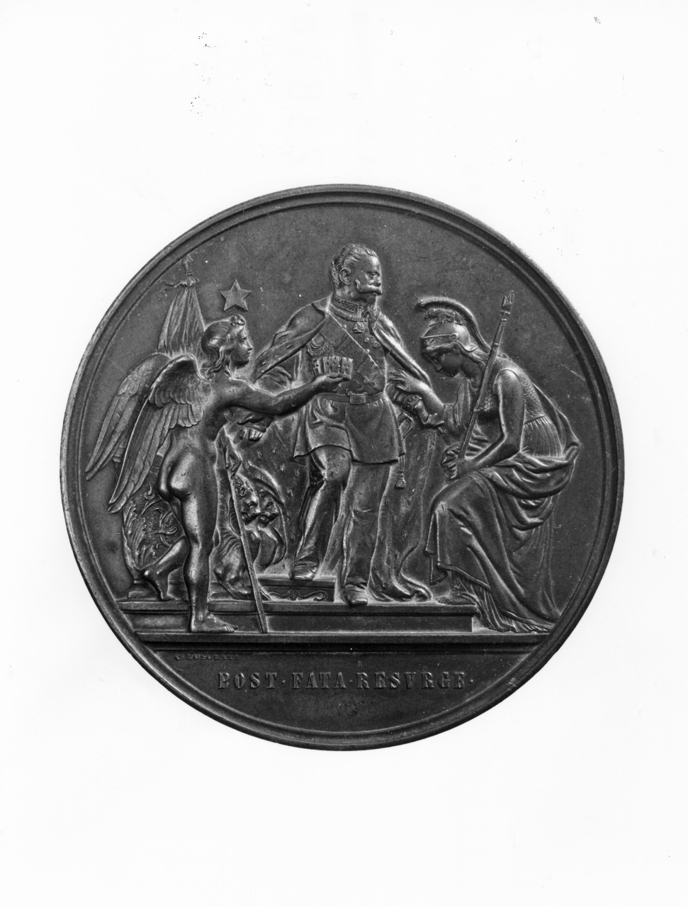 scena allegorica, (recto)// corona di alloro e stella a cinque punte, (verso) (medaglia) di Moscetti Carlo (sec. XIX)