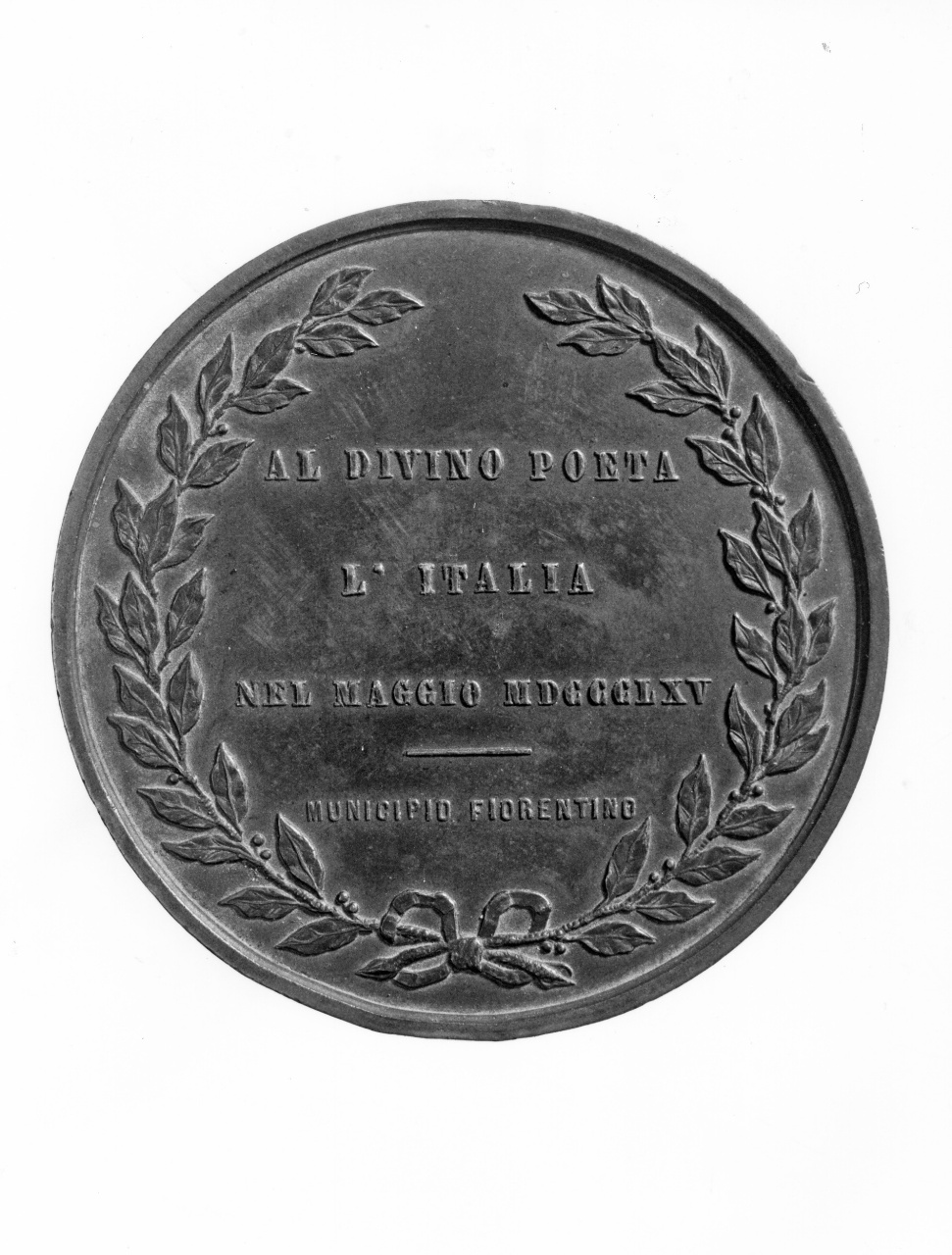 busto di Dante Alighieri, (recto)// corona d'alloro, (verso) (medaglia commemorativa) di Sernesi Raffaello, Pazzi Enrico (sec. XIX)