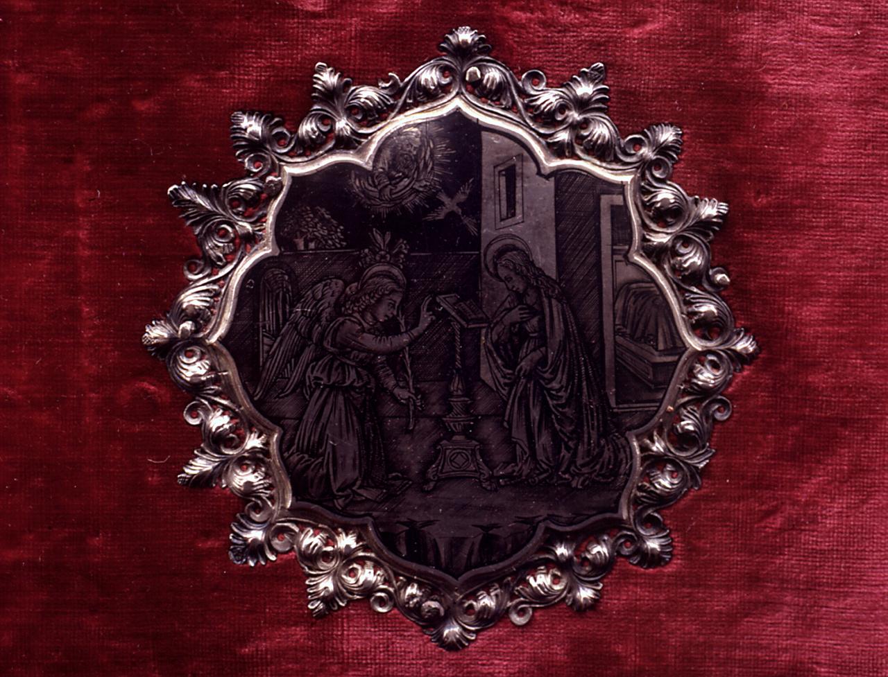 Annunciazione, beati serviti, stemma dell'ordine dei Servi di Maria (placchetta, serie) di Antonio di Salvi (e aiuti) (sec. XV)