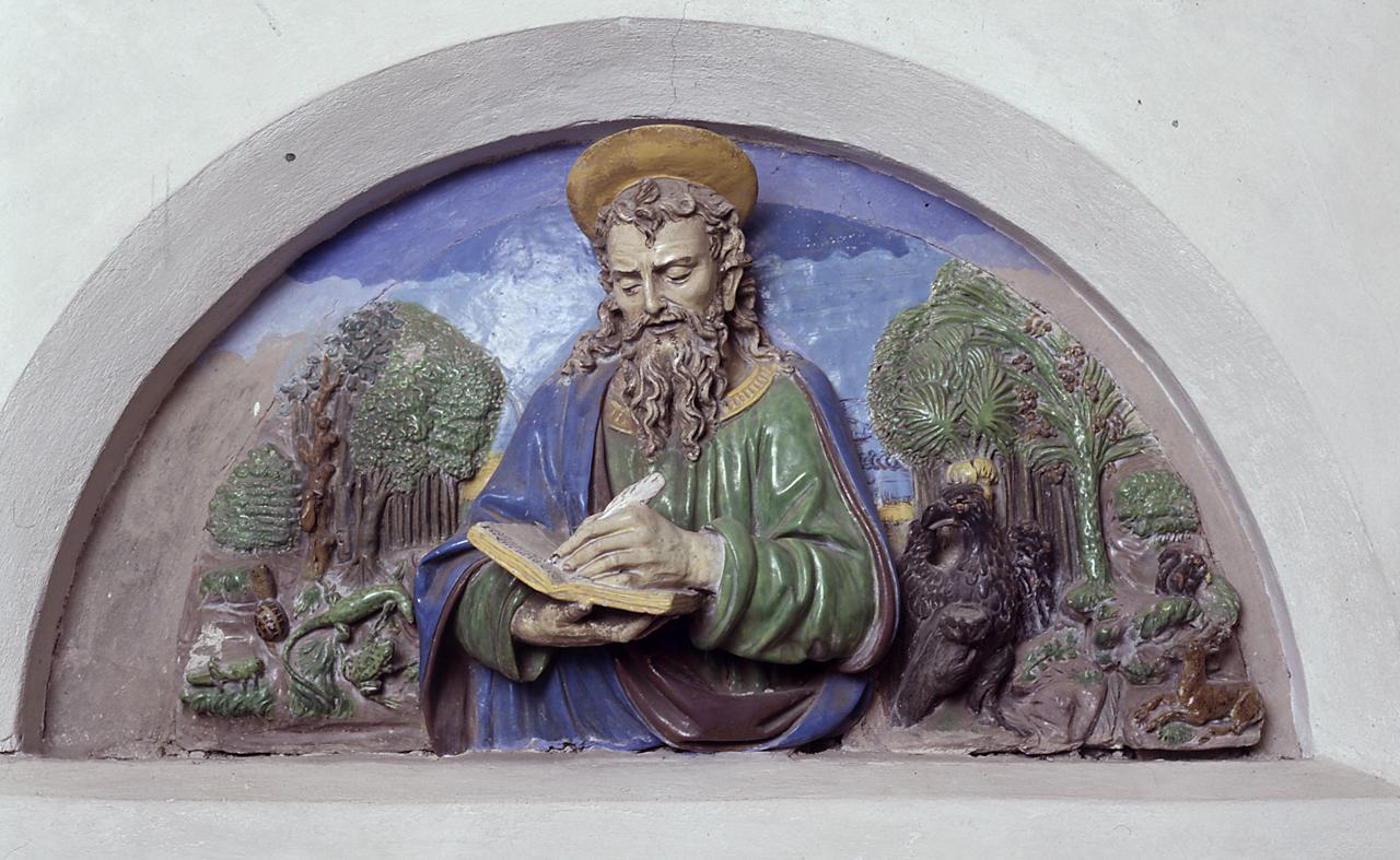 San Giovanni Evangelista in Patmos (rilievo) di Della Robbia Giovanni (bottega) (sec. XVI)
