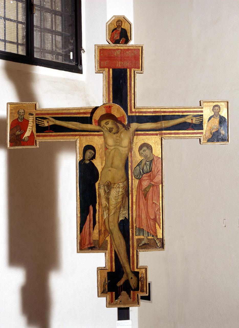 crocifissione di Cristo con la Madonna e San Giovanni Evangelista (croce dipinta) di Maestro di Varlungo (ultimo quarto sec. XIII)