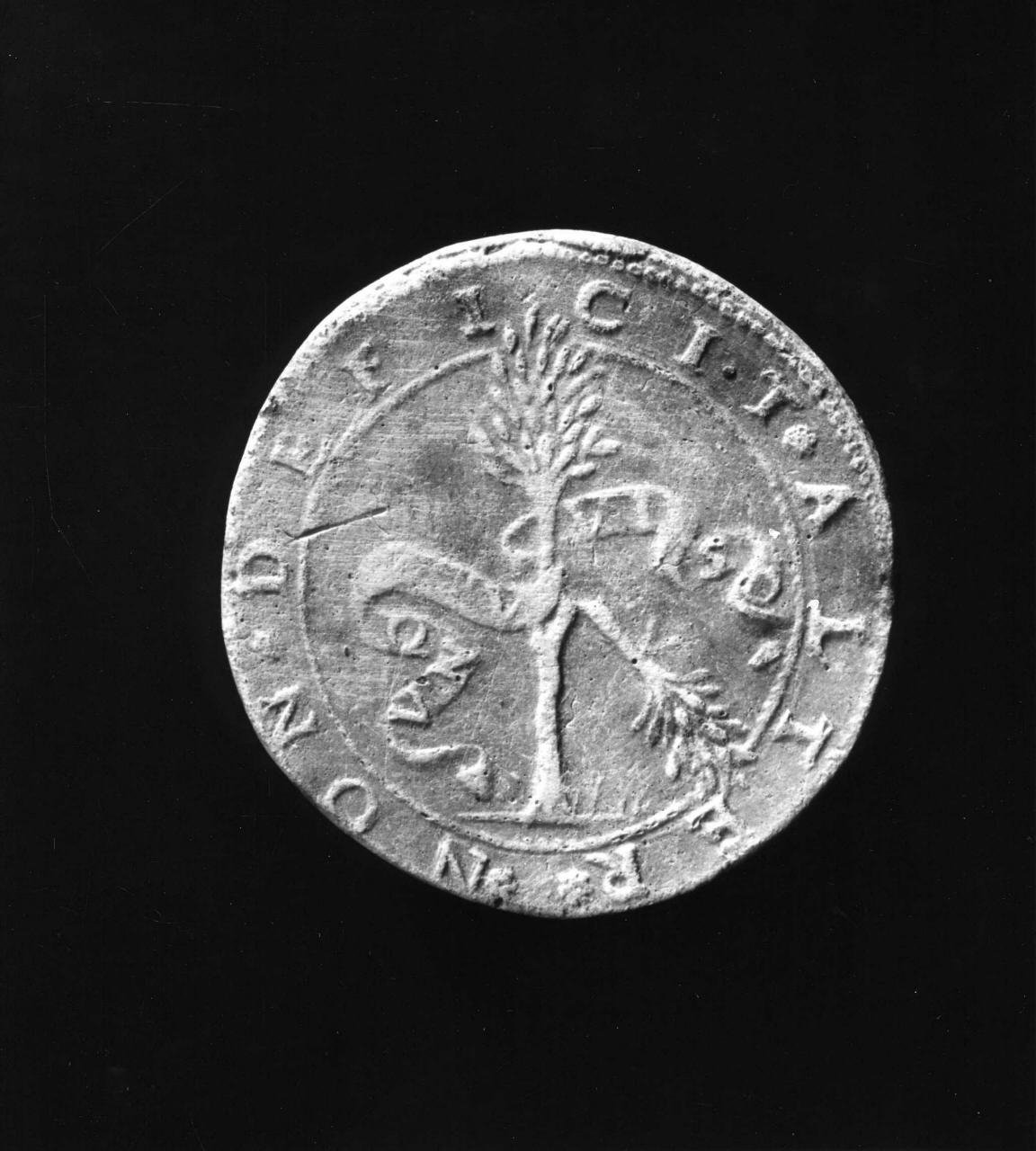 albero con un ramo rotto e nastro con iscrizione (calco di medaglia) di Lelli Oronzio (bottega) (sec. XIX)