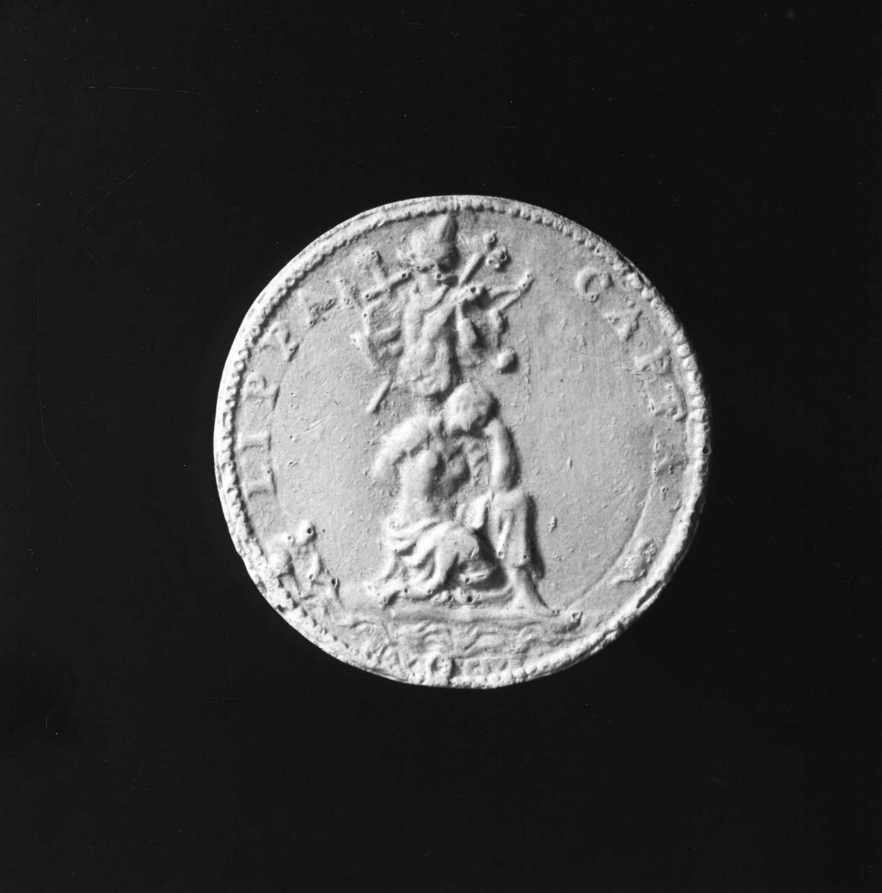 prigioniera seduta ai piedi di un trofeo d'armi; in basso la personificazione del fiume Maros (medaglia) di Lelli Oronzio (bottega) (sec. XIX)