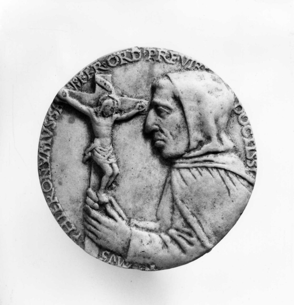 Girolamo Savonarola in adorazione del crocifisso (calco di medaglia) di Lelli Oronzio (bottega) (sec. XIX)