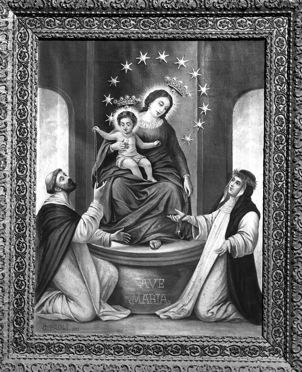 Madonna del Rosario con San Domenico e Santa Rosa da Lima (dipinto) di Paoli G (sec. XX)