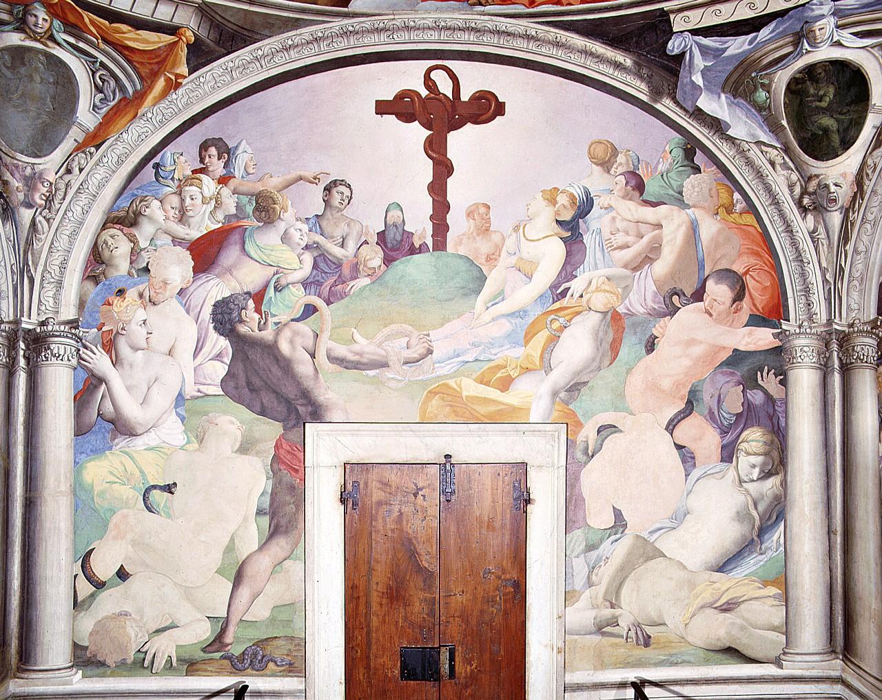 ebrei adorano il serpente di bronzo e pioggia dei serpenti (dipinto) di Allori Agnolo detto Bronzino (sec. XVI)