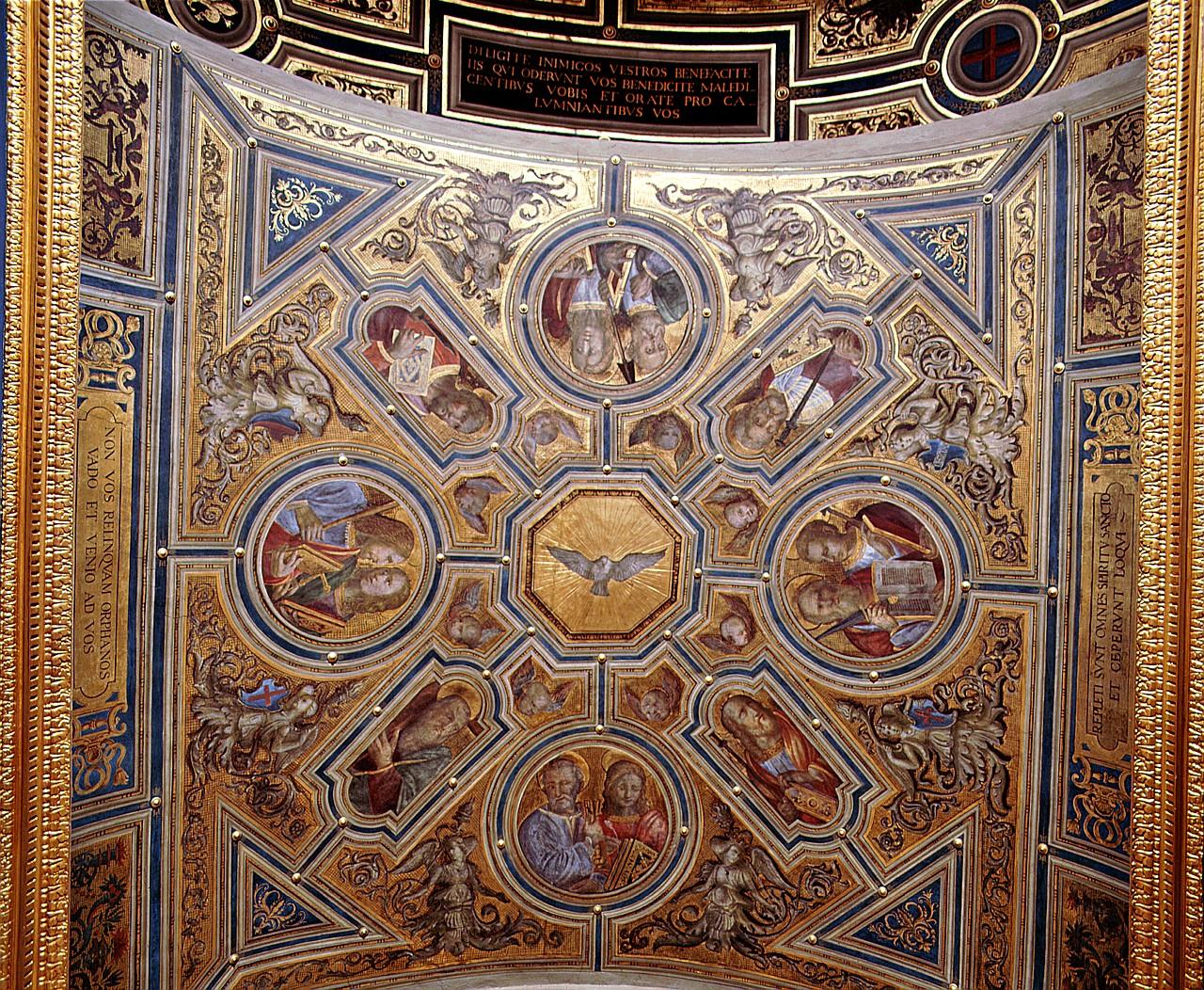 colomba dello Spirito Santo/ apostoli/ cherubini e motivi decorativi (soffitto dipinto) di Bigordi Ridolfo detto Ridolfo Ghirlandaio (bottega) (sec. XVI)