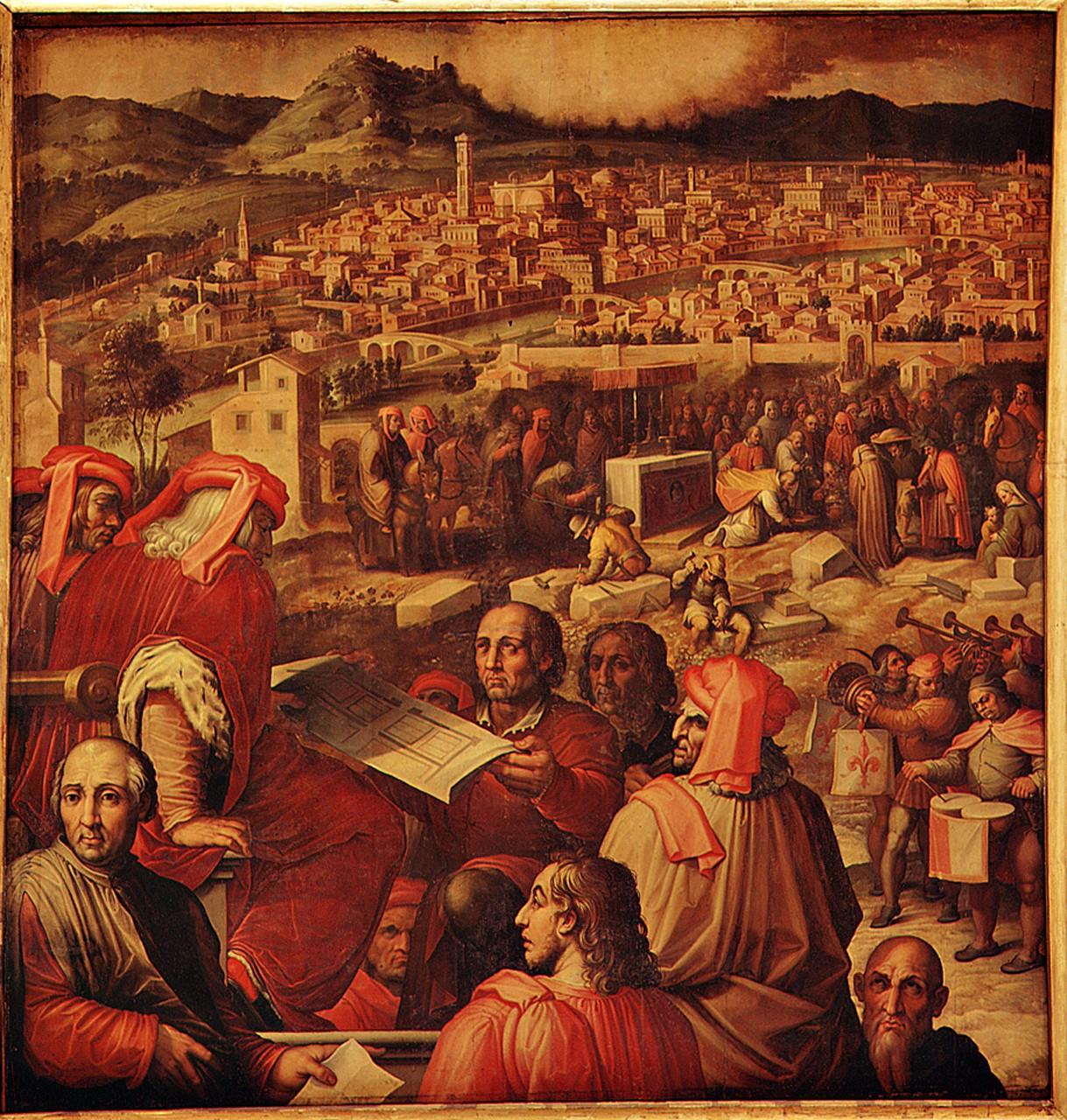 Arnolfo presenta il piano dell'ingrandimento di Firenze (dipinto) di Vasari Giorgio, Van der Straet Jan detto Giovanni Stradano (sec. XVI)