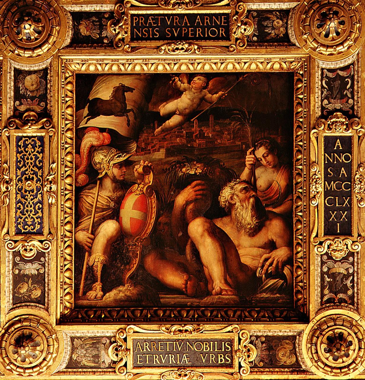 allegoria della città di Arezzo e veduta di Arezzo (dipinto) di Vasari Giorgio, Van der Straet Jan detto Giovanni Stradano, Naldini Giovanni Battista (sec. XVI) 