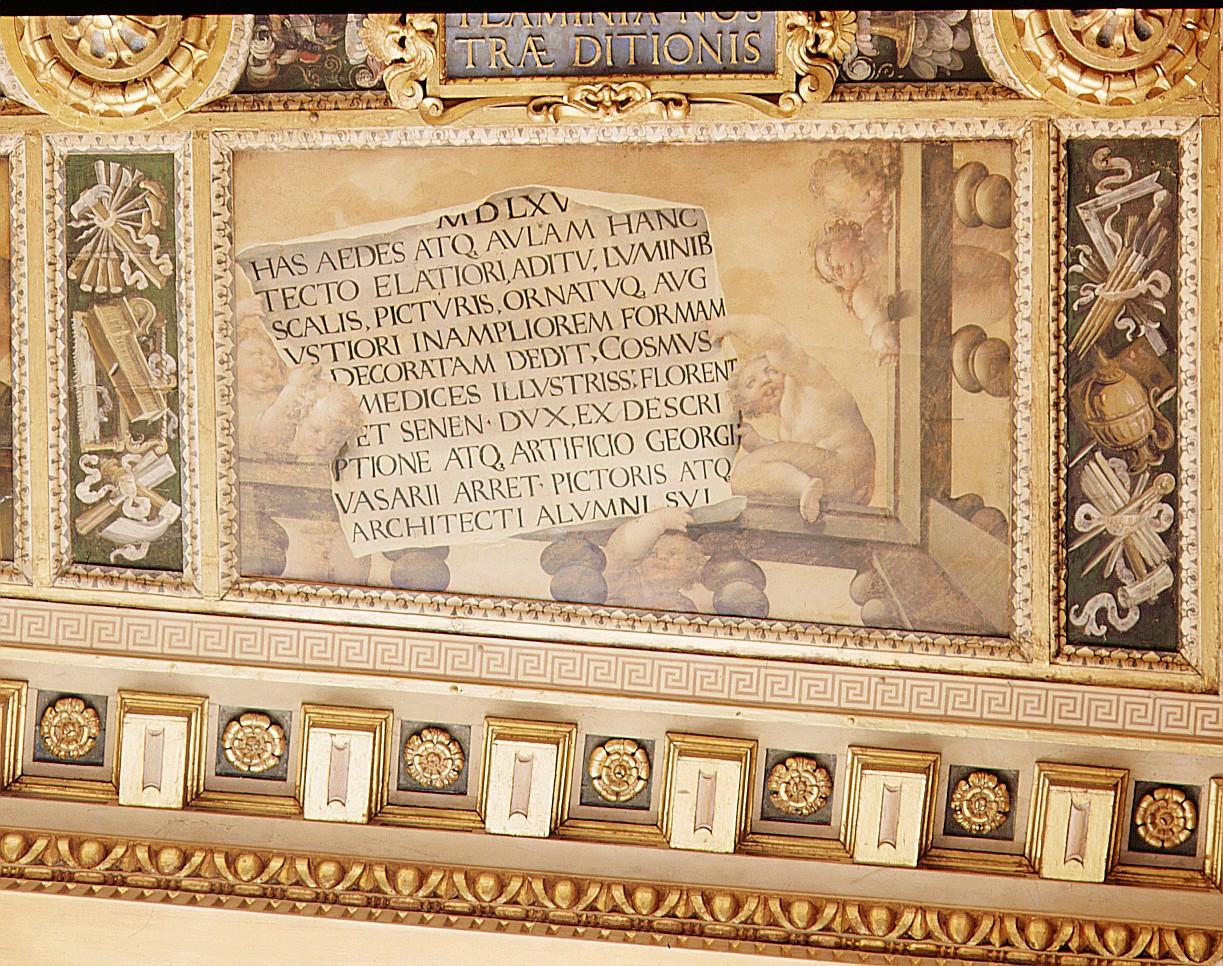 putti reggicartiglio affacciati a una balaustra (dipinto) di Vasari Giorgio, Naldini Giovanni Battista (sec. XVI)