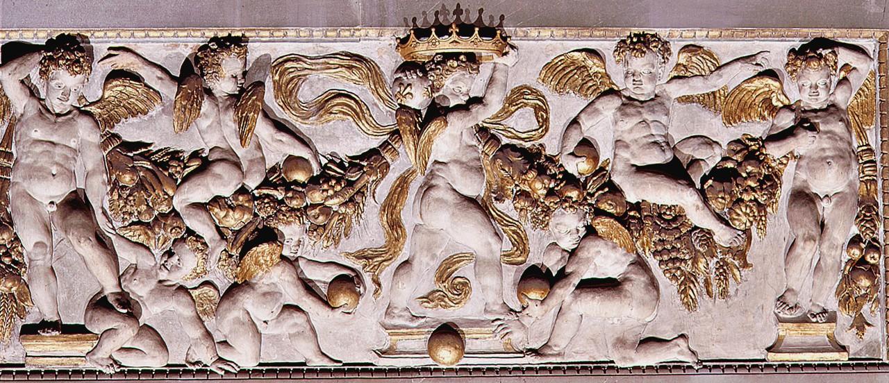imprese della famiglia Medici, motivi decorativi vegetali a festoni con nastri e putti (decorazione plastica) di Vasari Giorgio, Boscoli Giovanni detto Nanni da Montepulciano (sec. XVI)