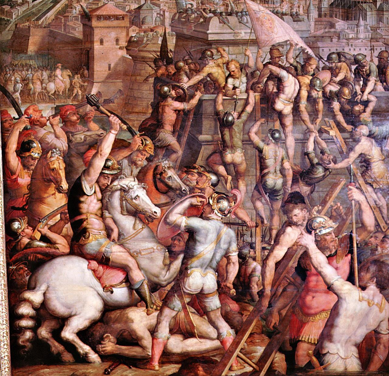 truppe pontificie, imperiali e svizzere conquistano Milano (dipinto) di Vasari Giorgio, Van der Straet Jan detto Giovanni Stradano (sec. XVI) 