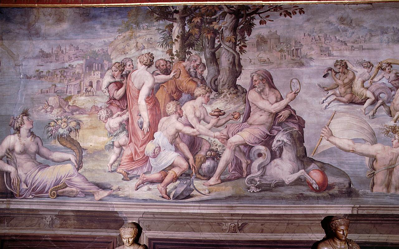 Saturno riceve in offerta le primizie della terra (dipinto) di Vasari Giorgio, Gherardi Cristofano detto Doceno (sec. XVI)