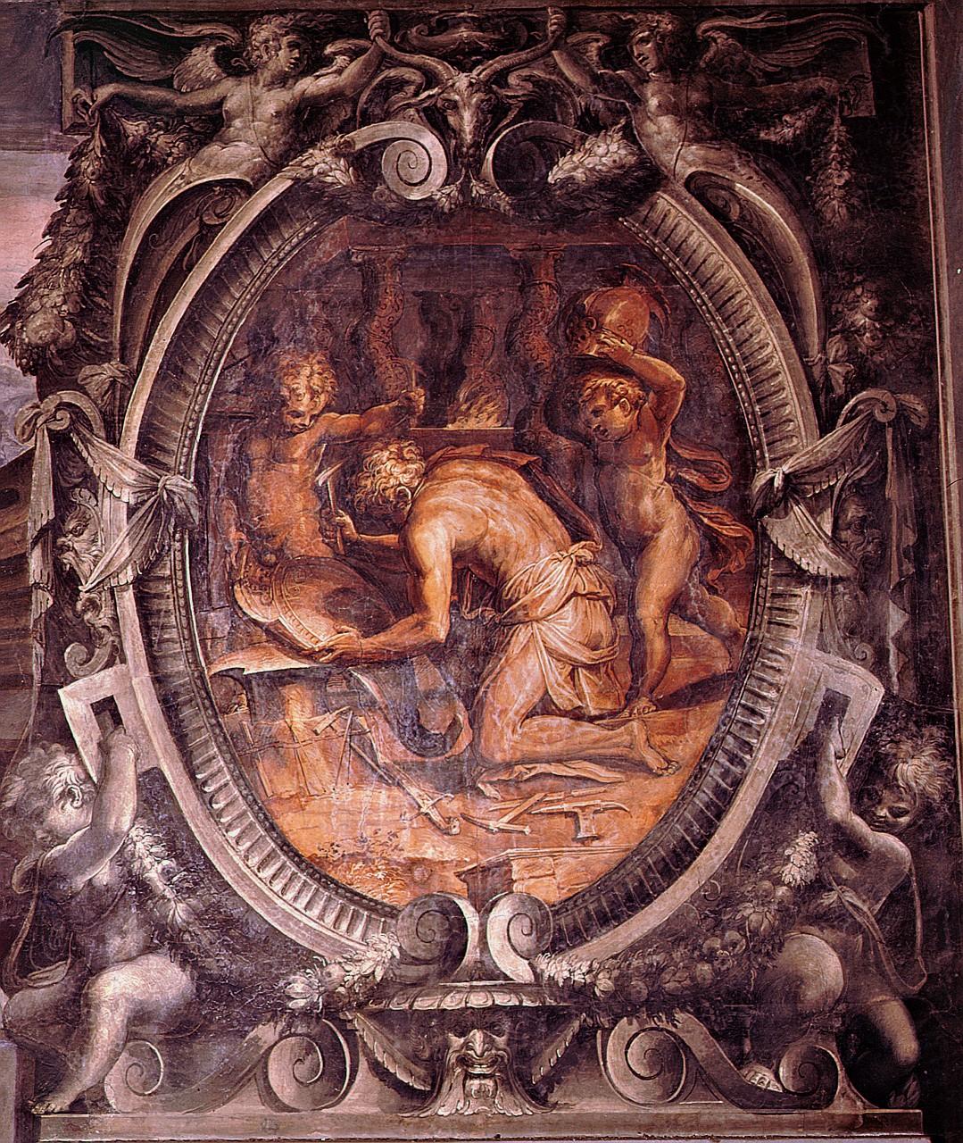 Dedalo forgia le armi di Achille (dipinto) di Gherardi Cristofano detto Doceno (sec. XVI)