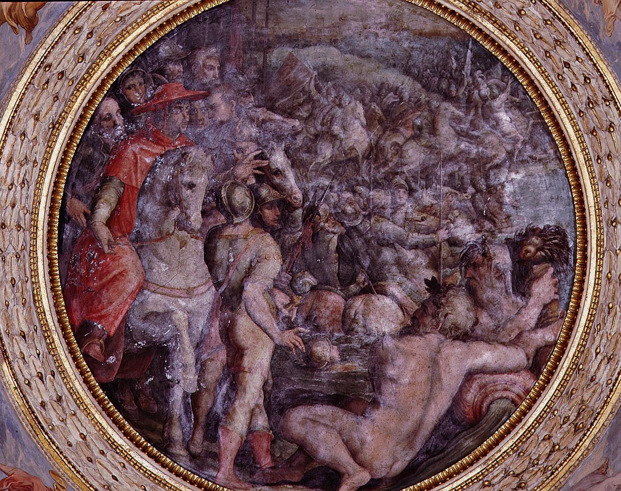 Giovanni dalle Bande Nere passa a nuoto con l'esercito il Po e l'Adda (dipinto) di Vasari Giorgio, Van der Straet Jan detto Giovanni Stradano (sec. XVI)