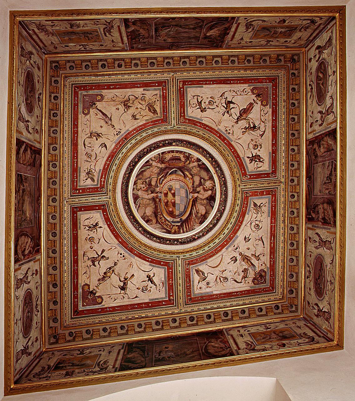 paesaggi/ amori di Giove/ stemma gentilizio delle famiglie Medici e Toledo/ motivo decorativo (dipinto, ciclo) di Vasari Giorgio, Marchetti Marco detto Marco da Faenza (sec. XVI)