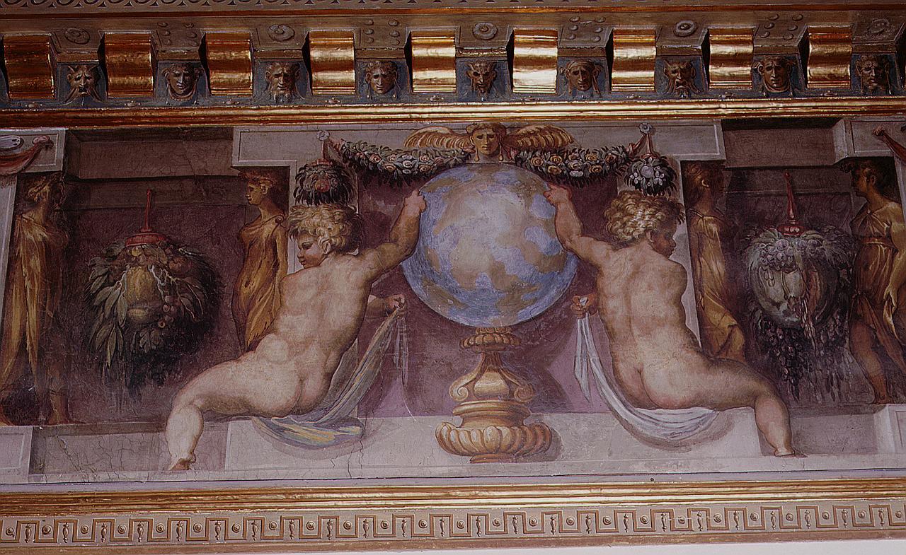 putti che sorreggono un globo, balconata, cariatidi e telamoni (dipinto) di Marchetti Marco detto Marco da Faenza (sec. XVI)