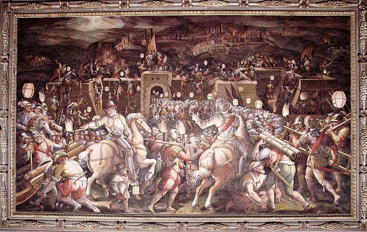 presa del forte presso la porta Camollia di Siena (dipinto) di Vasari Giorgio, Naldini Giovanni Battista, Van der Straet Jan detto Giovanni Stradano (attribuito) (sec. XVI)