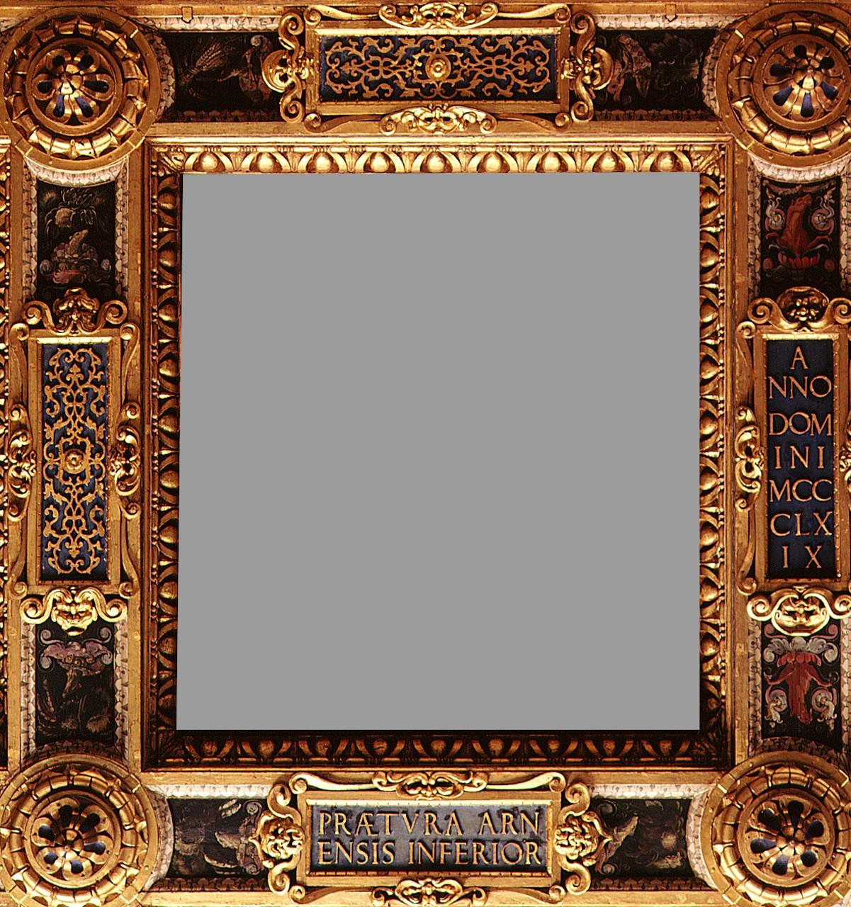 figure femminili, panoplie, trofei e iscrizioni (cornice) di Vasari Giorgio, Botticelli Battista (sec. XVI)