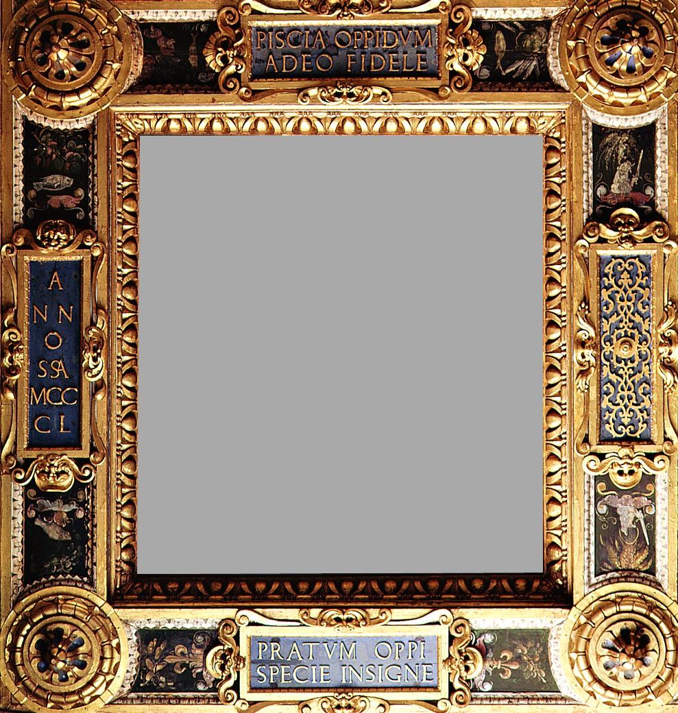 trofei e iscrizioni (cornice) di Vasari Giorgio, Botticelli Battista (sec. XVI)