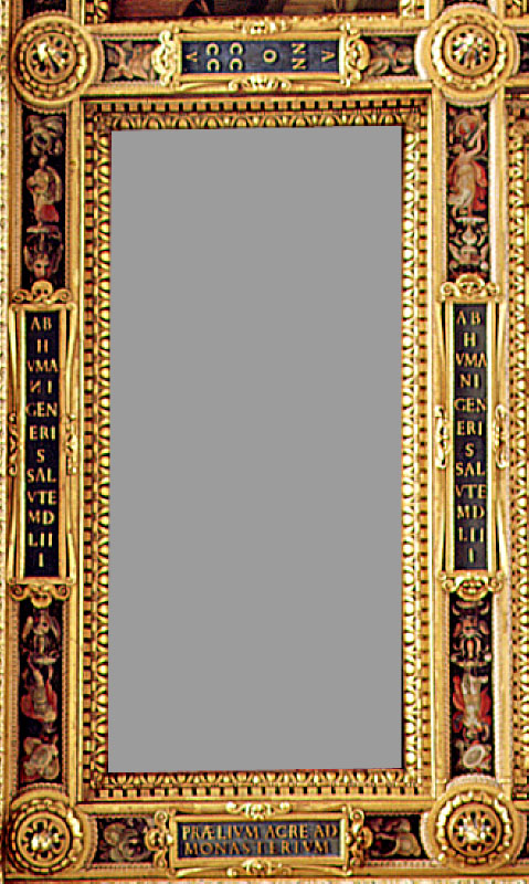 figure femminili, panoplie, trofei e iscrizioni (cornice) di Vasari Giorgio, Botticelli Battista, Tommaso di Battista del Verrocchio (attribuito), Porta Orazio (sec. XVI)