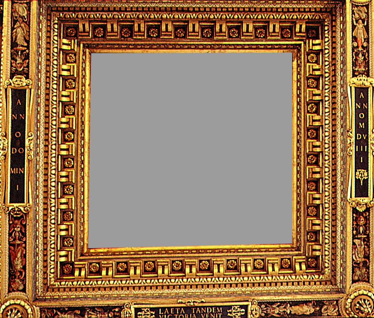 figure femminili, panoplie, trofei e iscrizioni (cornice) di Vasari Giorgio, Botticelli Battista, Porta Orazio, Veltroni Stefano (sec. XVI)