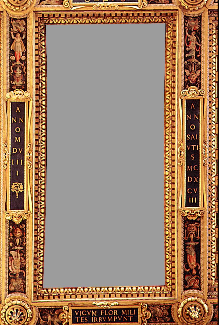 figure femminili, panoplie, trofei e iscrizioni (cornice) di Vasari Giorgio, Botticelli Battista, Veltroni Stefano, Porta Orazio (sec. XVI)