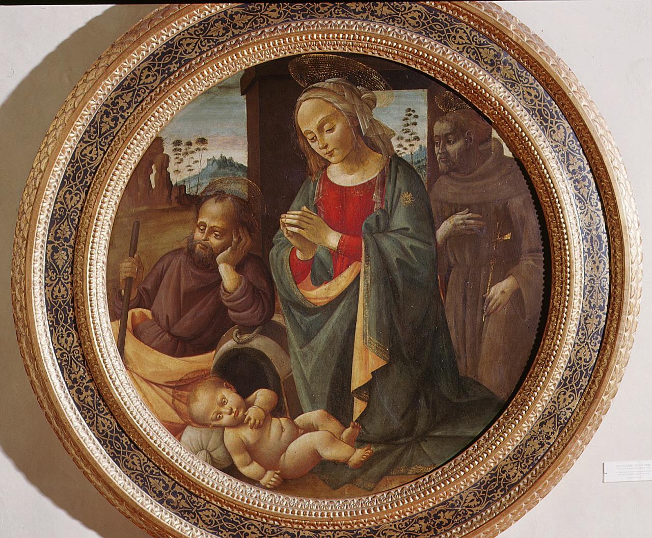 adorazione di Gesù Bambino con la Madonna, San Giuseppe e San Francesco d'Assisi (dipinto) di Bartolomeo di Giovanni (attribuito) (secc. XV/ XVI)