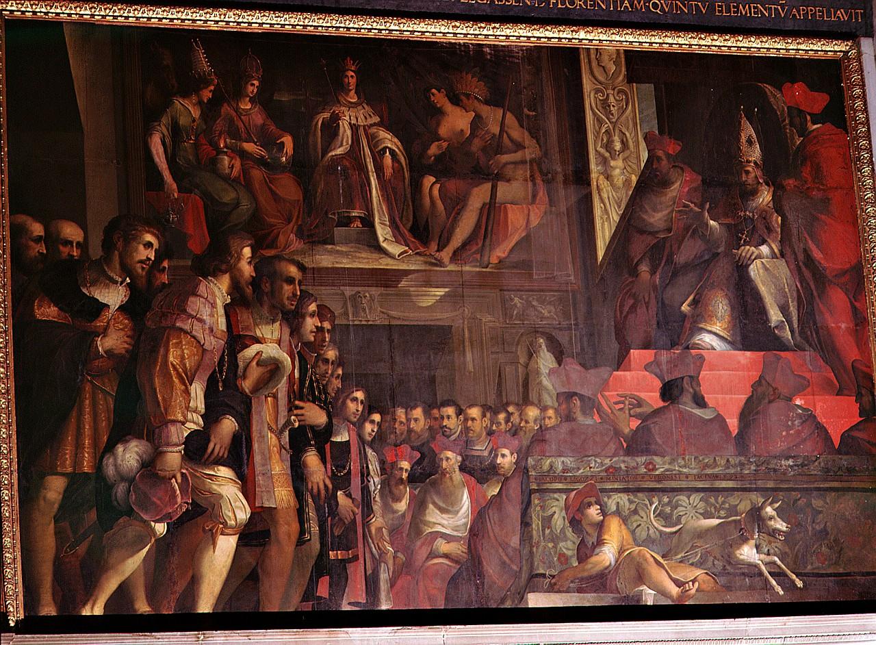papa Bonifacio VIII riceve i dodici ambasciatori fiorentini rappresentanti di potenze d'Europa e d'Asia (dipinto) di Ligozzi Jacopo, Ligozzi Francesco (sec. XVI)