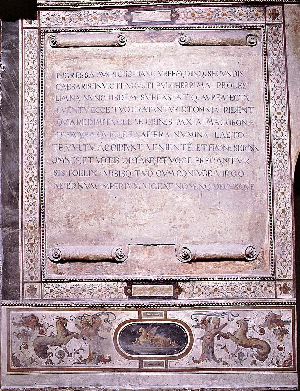 cartiglio con iscrizione (dipinto) di Vasari Giorgio (e aiuti), Marchetti Marco detto Marco da Faenza (sec. XVI)