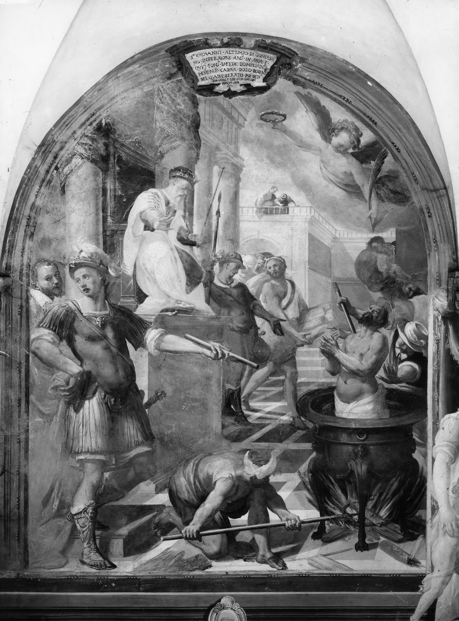 martirio di San Giovanni Evangelista (dipinto) di Monaldi Bernardino (sec. XVI)