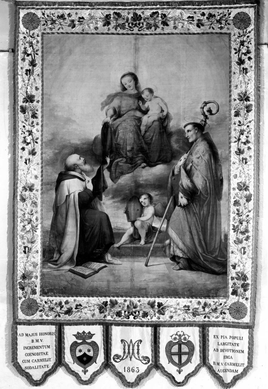 Madonna con Bambino consegna la cintola a S. Simone Stock e santo vescovo (stendardo processionale) - manifattura toscana (sec. XIX)