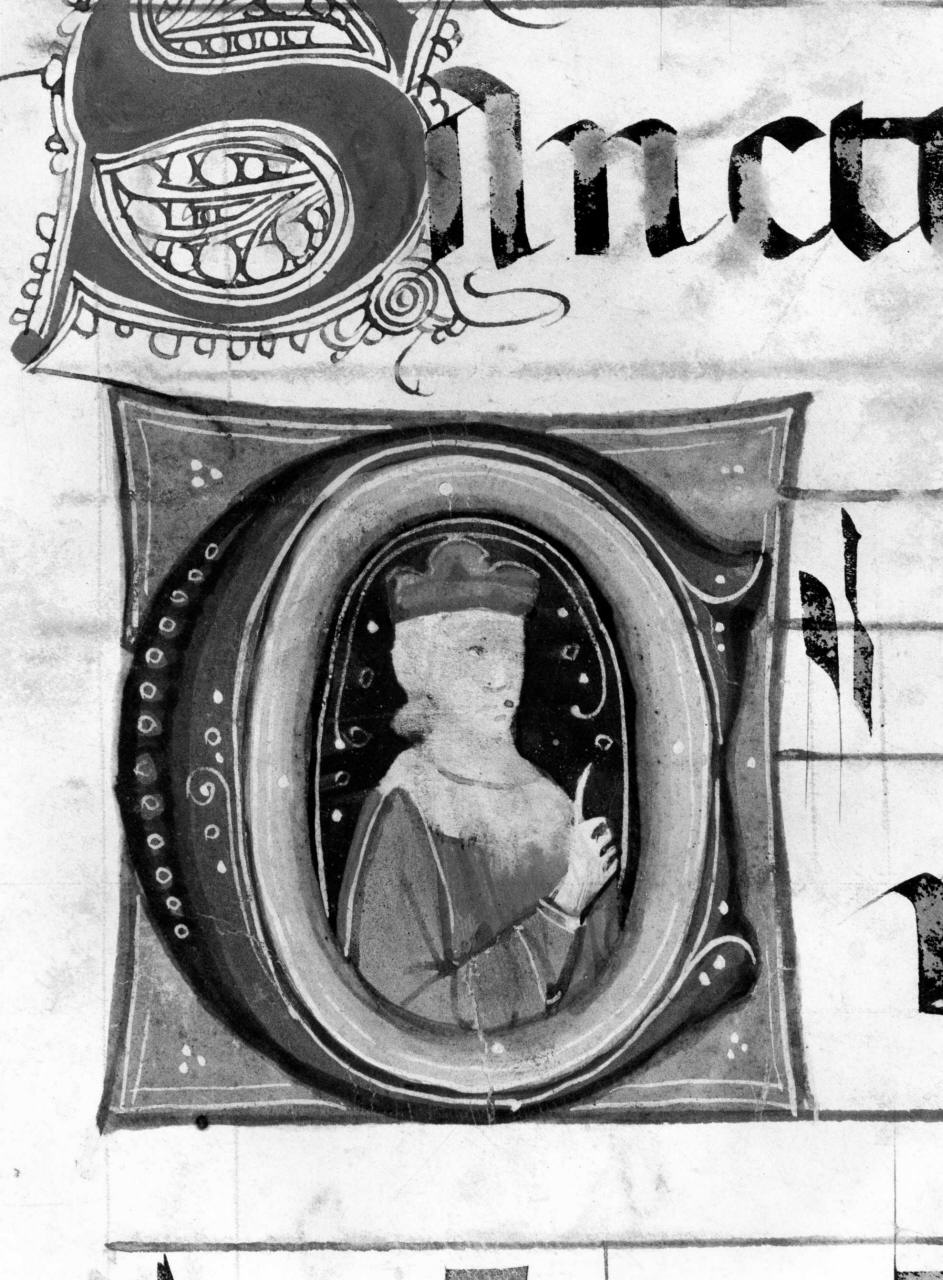 figura maschile, lettera C (miniatura) di Primo Maestro di S. Eugenio, Secondo Maestro di S. Eugenio (sec. XIV)