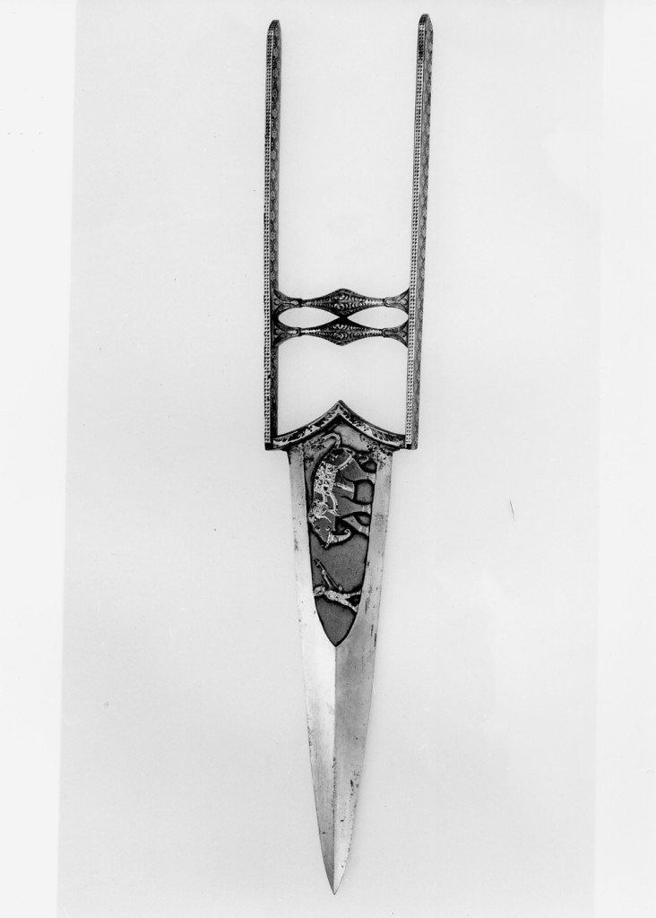 motivi decorativi floreali e geometrici, elefante con domatore, cacciatore a cavallo con cane (pugnale - jamadhar) - manifattura indiana (sec. XVIII)