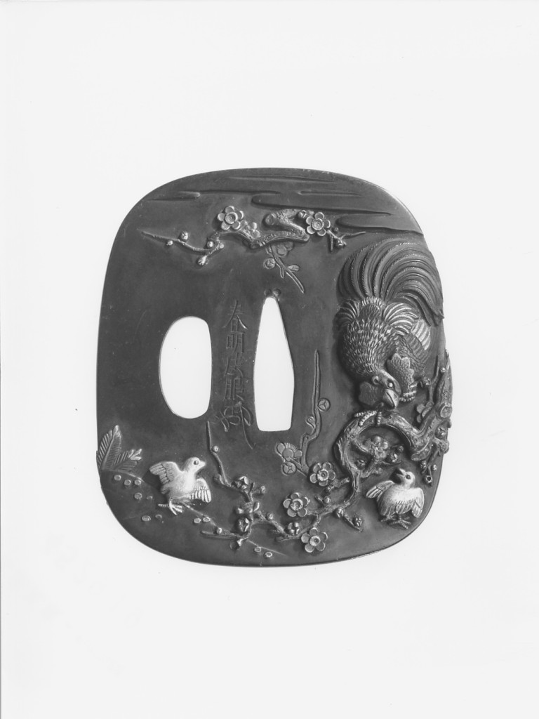 gallina con due pulcini su un ramo di susino fiorito (recto)/ gallina conpulcino, albero di susino, foglie, fiori (verso) (guradamano da sciabola - tsuba quadrangolare ad angoli smussati, elemento d'insieme) di Shummei Hogen (secondo quarto sec. XIX)