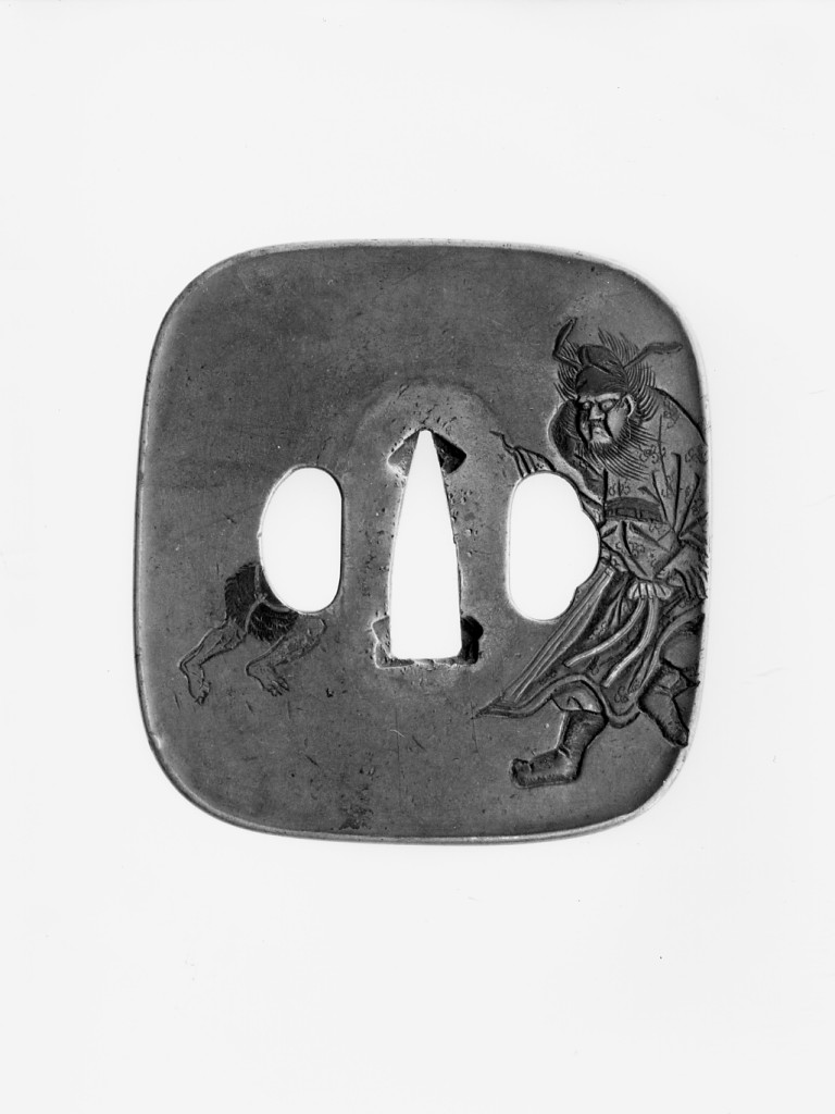 personaggio con spada che scaccia un diavolo (recto)/ nubi, diavolo (verso) (guradamano da sciabola - tsuba quadrangolare, elemento d'insieme) - scuola Otsuki (?) (terzo quarto sec. XVIII)