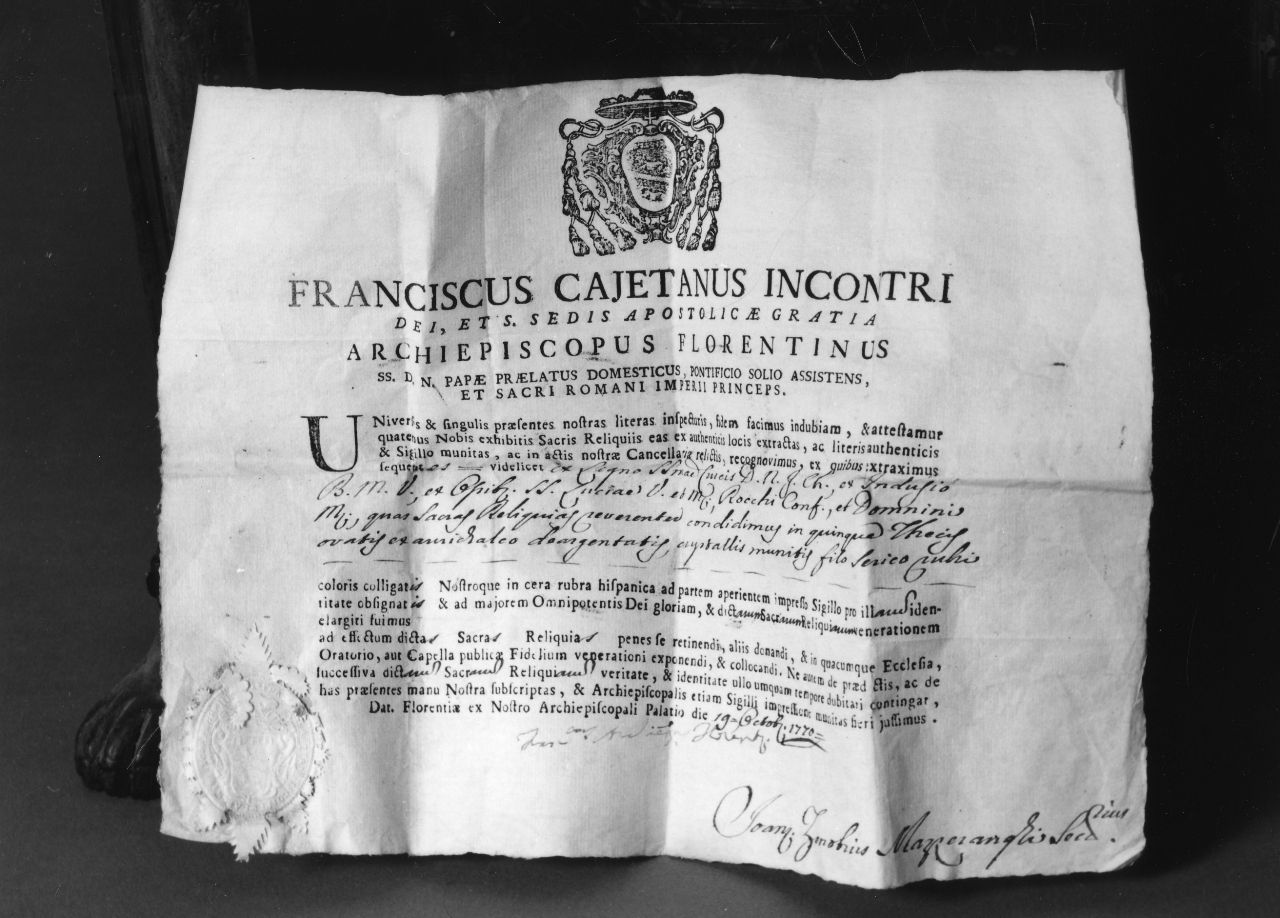 lettera di autentica di reliquie dell'arcivescovo di Firenze Francesco Caetani Incontri (stampa) - manifattura toscana (sec. XVIII)